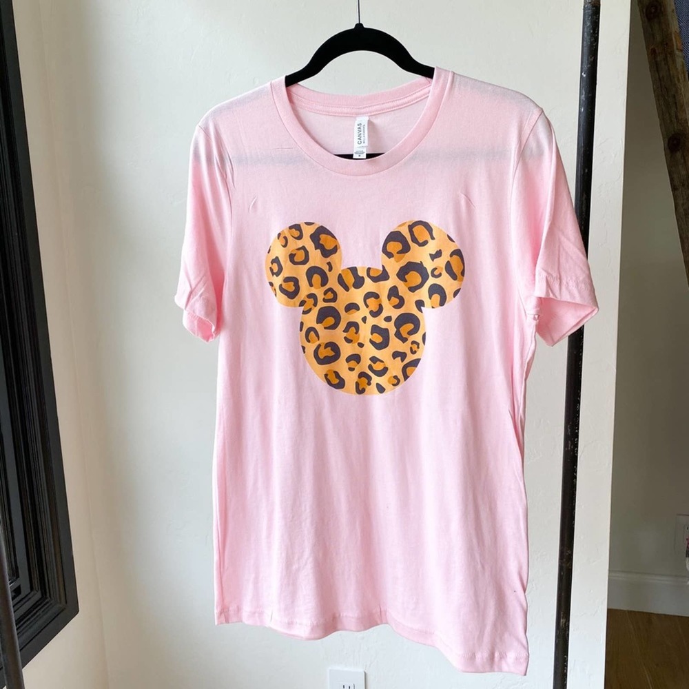 CANVAS BELLA + CANVAS Women's Pink Disney Inspired Leopard Mickey Head Tee sz M
